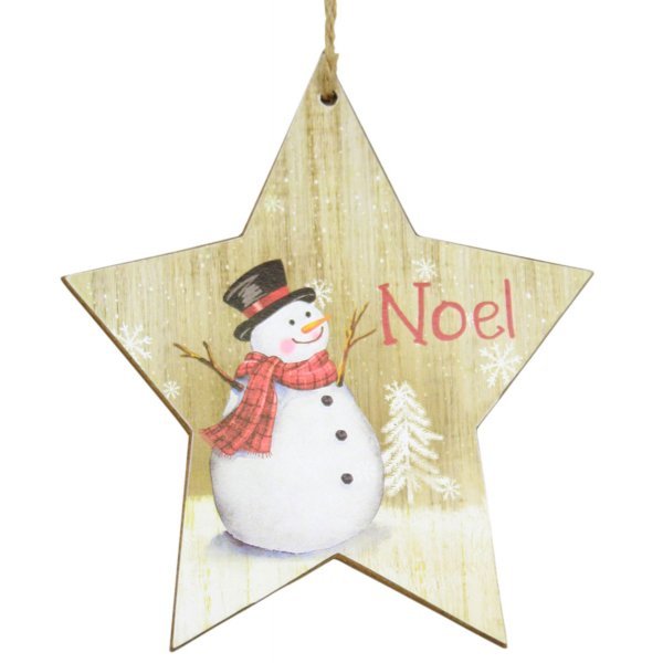Χριστουγεννιάτικο Κρεμαστό Ξύλινό Αστέρι, με Χιονάνθρωπο και "Noel" (12cm)